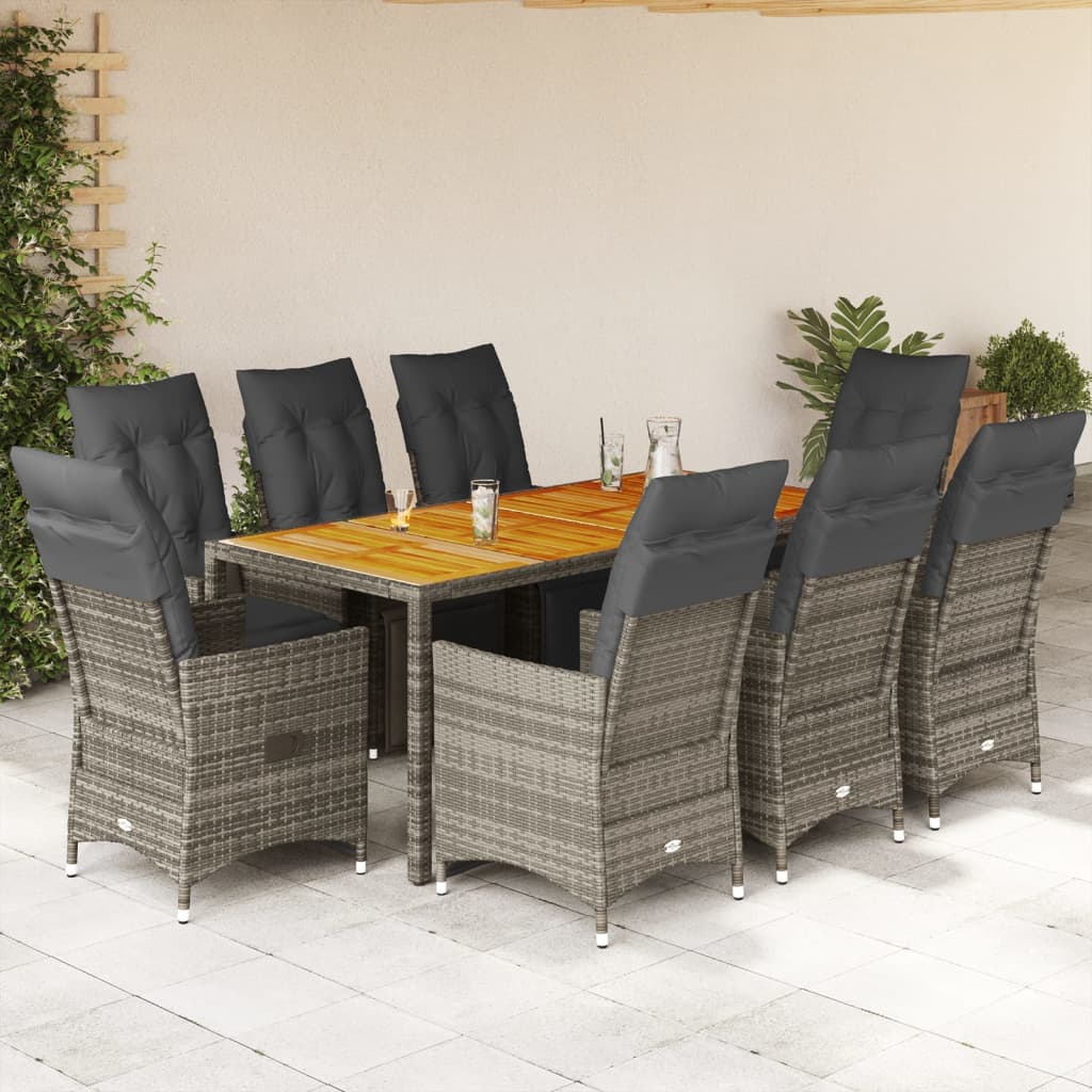 Set Bistrò da Giardino 9 pz con Cuscini in Polyrattan Grigio | homemem39