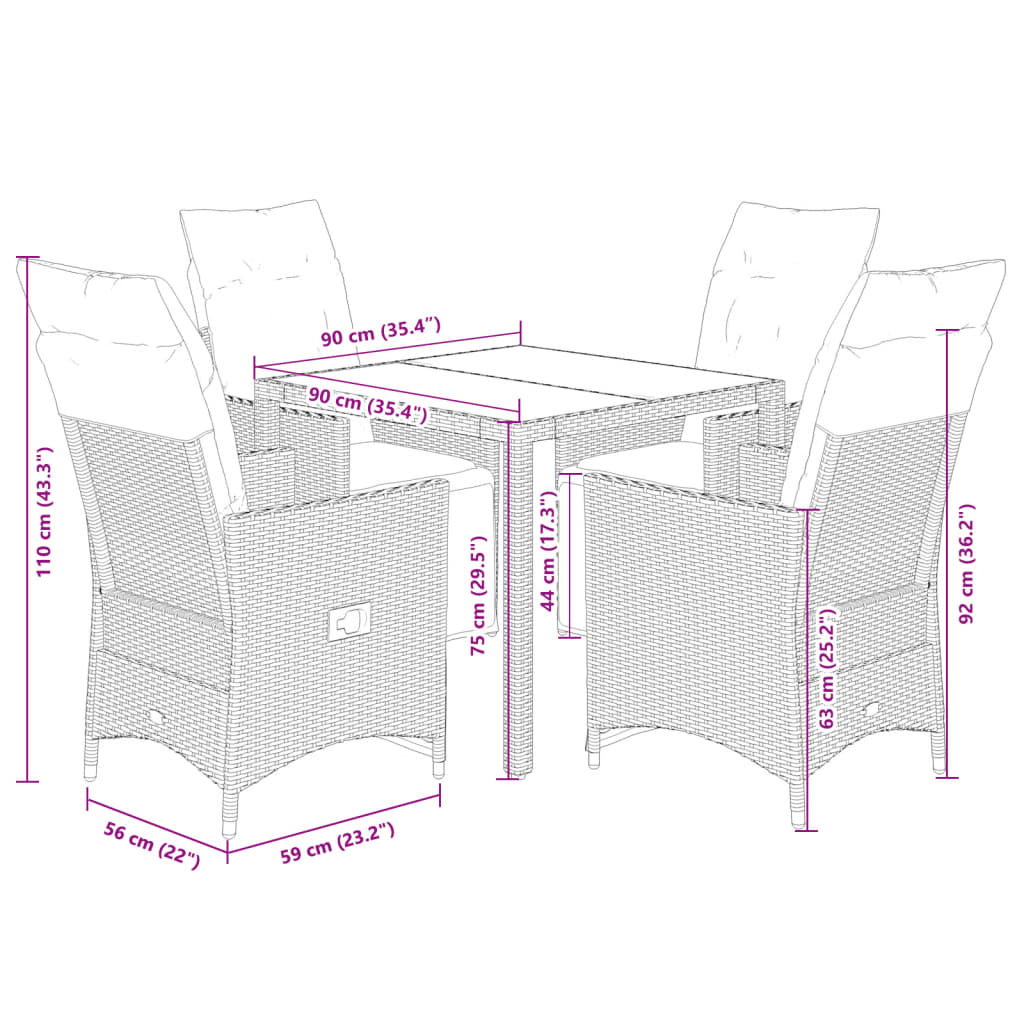 Set Bistrò da Giardino 5 pz con Cuscini in Polyrattan Grigio | homemem39