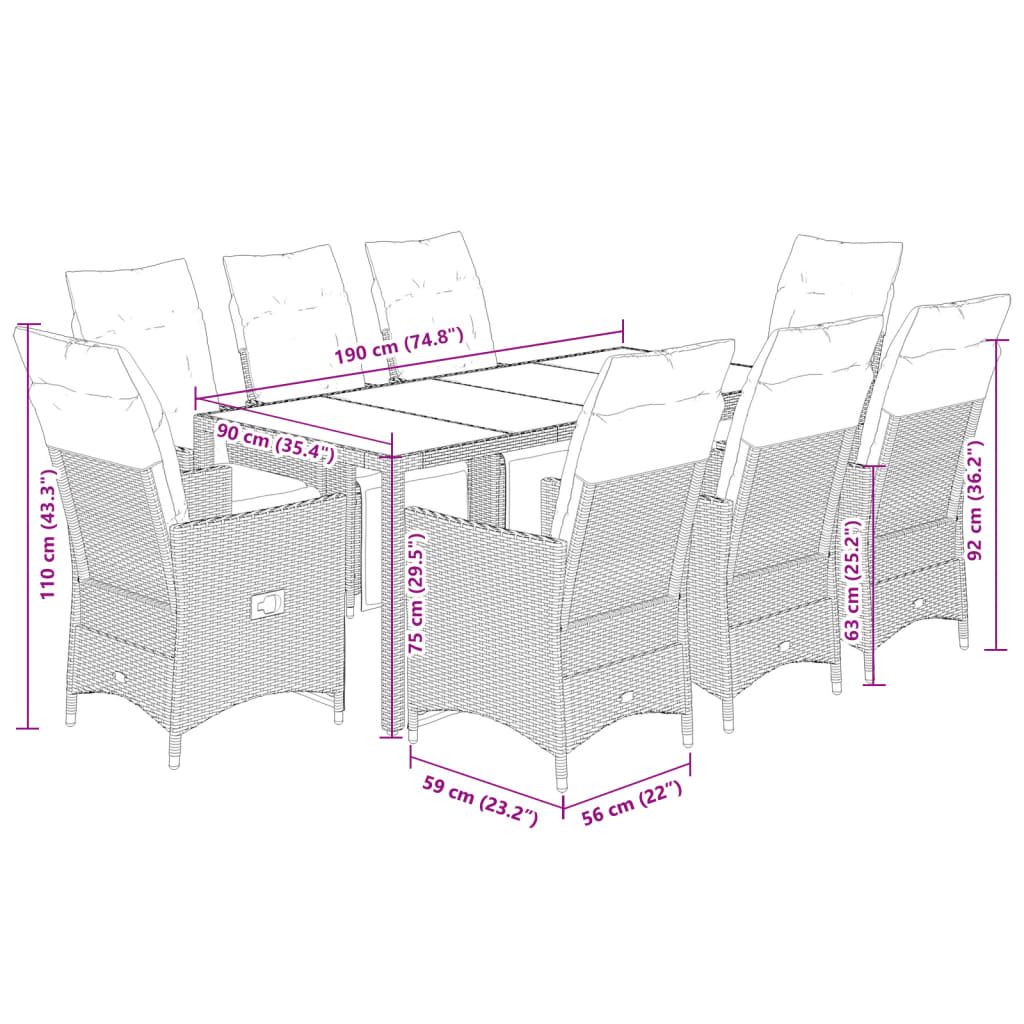 Set Bistrò da Giardino 9 pz con Cuscini in Polyrattan Grigio | homemem39