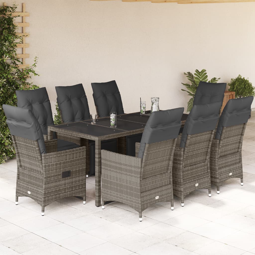 Set Bistrò da Giardino 9 pz con Cuscini in Polyrattan Grigio | homemem39