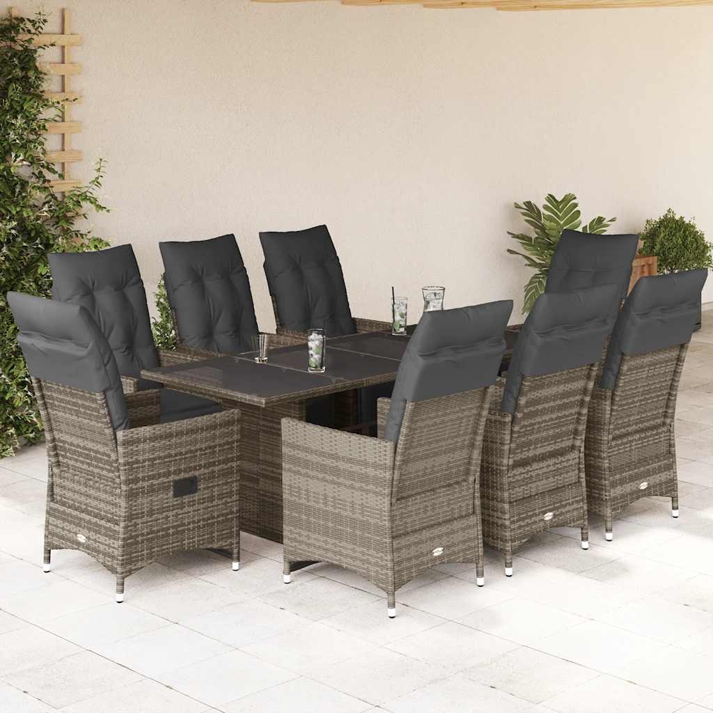 Set Bistrò da Giardino 9 pz con Cuscini in Polyrattan Grigio | homemem39