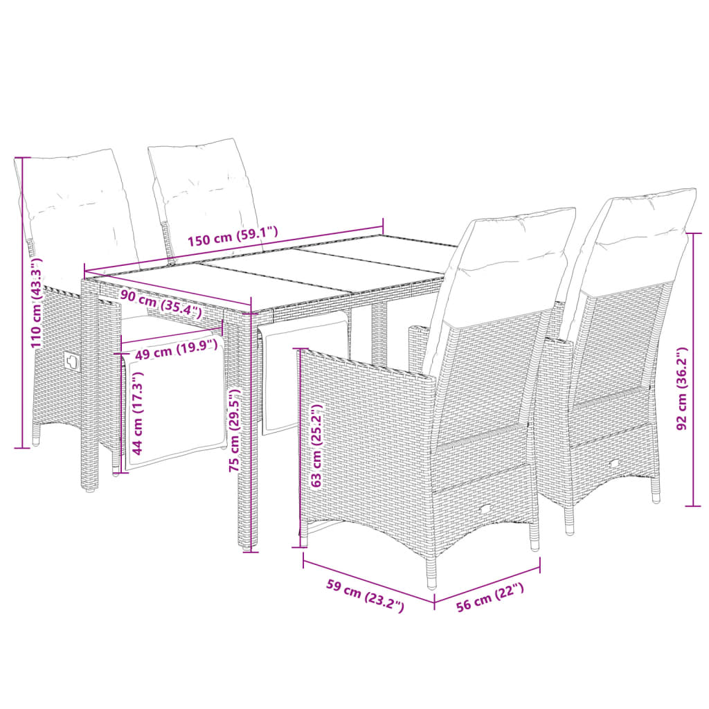 Set Bistrò da Giardino 5 pz con Cuscini in Polyrattan Marrone | homemem39