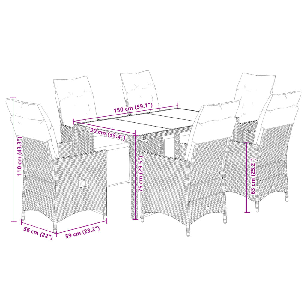 Set Bistrò da Giardino 7 pz con Cuscini in Polyrattan Marrone | homemem39