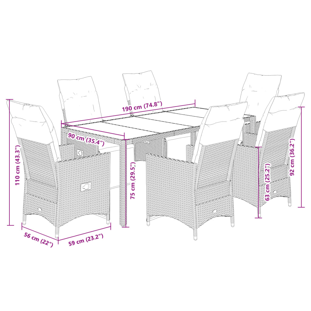 Set Bistrò da Giardino 7 pz con Cuscini in Polyrattan Marrone | homemem39