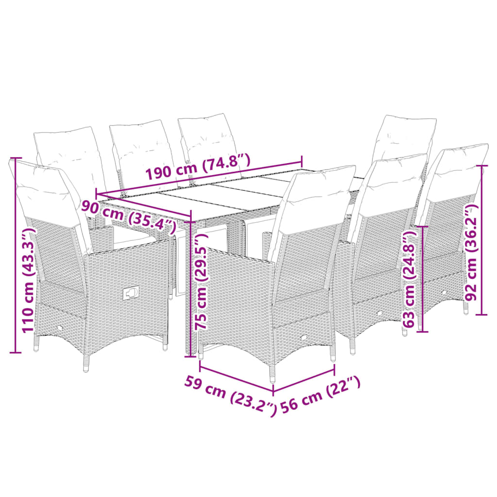 Set Bistrò da Giardino 9 pz con Cuscini in Polyrattan Marrone | homemem39