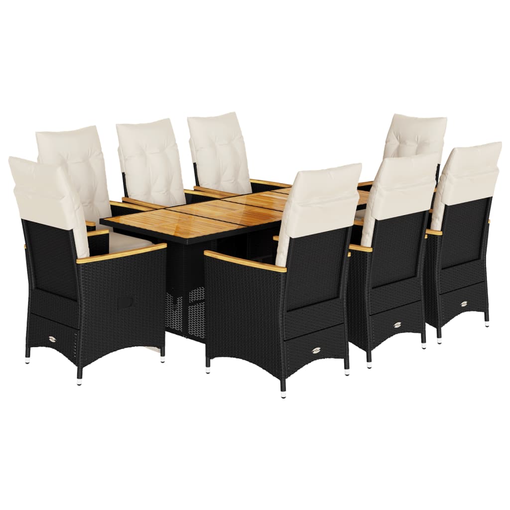 Set Bistrò da Giardino 9 pz con Cuscini in Polyrattan Nero
