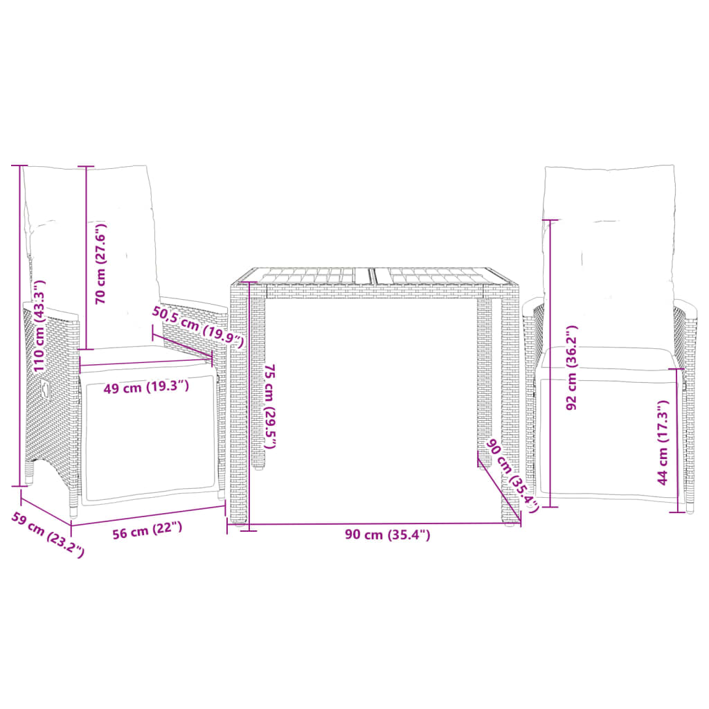 Set Bistrò da Giardino 3 pz con Cuscini in Polyrattan Grigio | homemem39