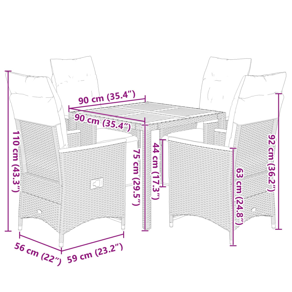 Set Bistrò da Giardino 5 pz con Cuscini in Polyrattan Grigio