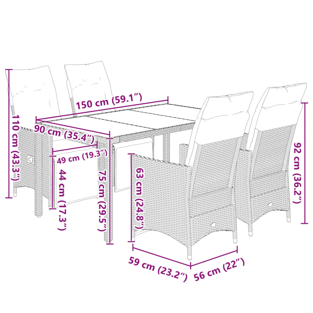 Set Bistrò da Giardino 5 pz con Cuscini in Polyrattan Grigio | homemem39