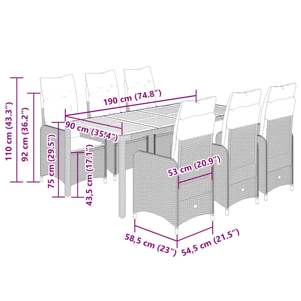Set Bistrò da Giardino 9 pz con Cuscini in Polyrattan Nero | homemem39