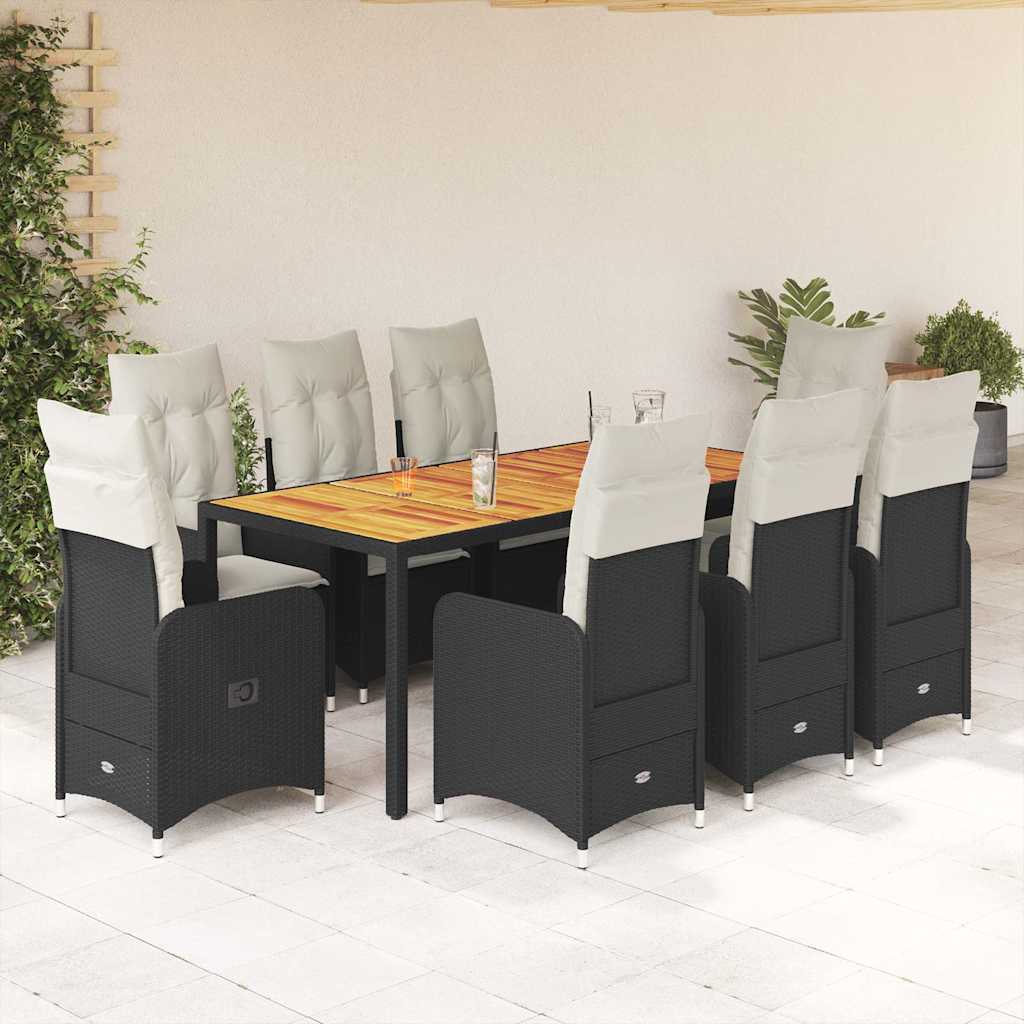 Set Bistrò da Giardino 9 pz con Cuscini in Polyrattan Nero | homemem39