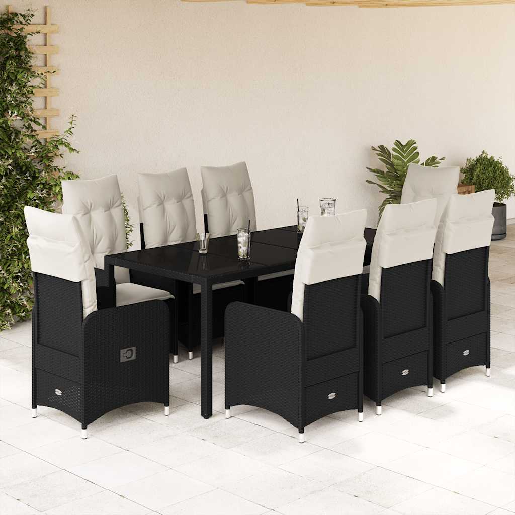 Set Bistrò da Giardino 9 pz con Cuscini in Polyrattan Nero | homemem39