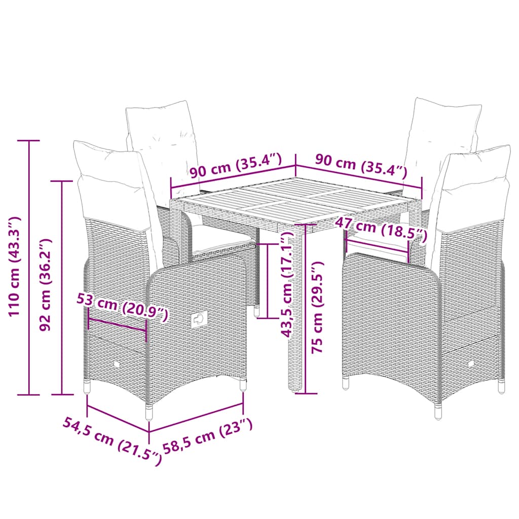 Set Bistrò da Giardino 5 pz con Cuscini in Polyrattan Grigio