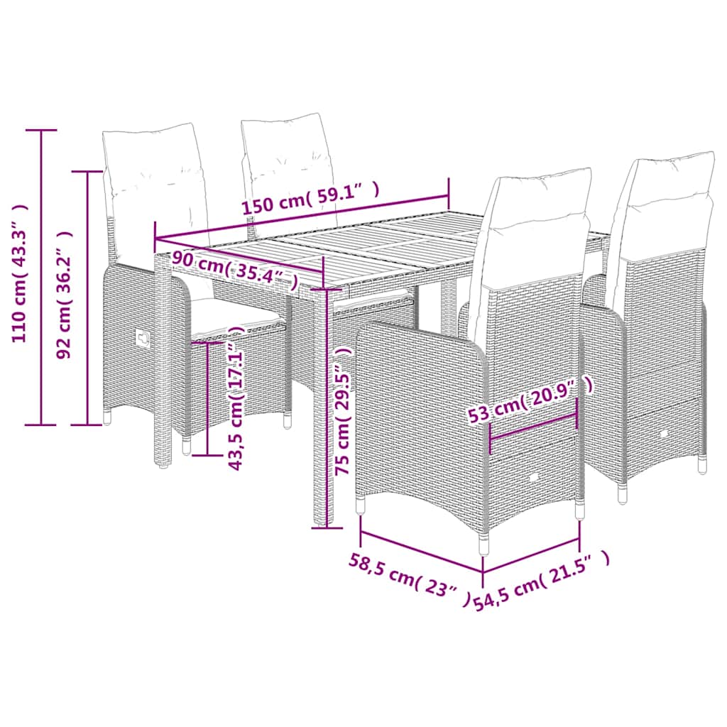Set Bistrò da Giardino 5 pz con Cuscini in Polyrattan Grigio | homemem39