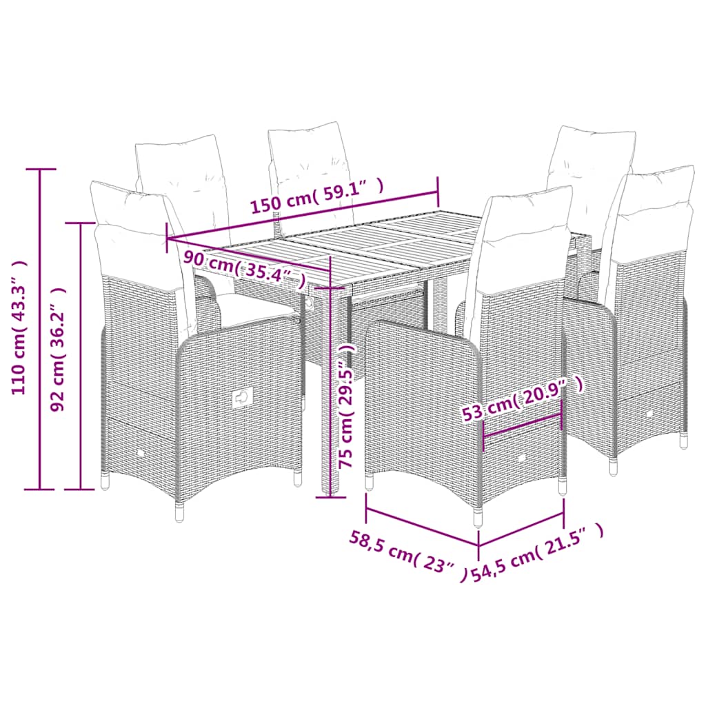 Set Bistrò da Giardino 7 pz con Cuscini in Polyrattan Grigio | homemem39