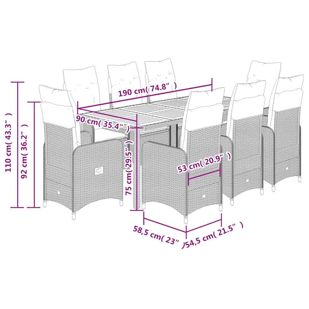 Set Bistrò da Giardino 9 pz con Cuscini in Polyrattan Grigio | homemem39