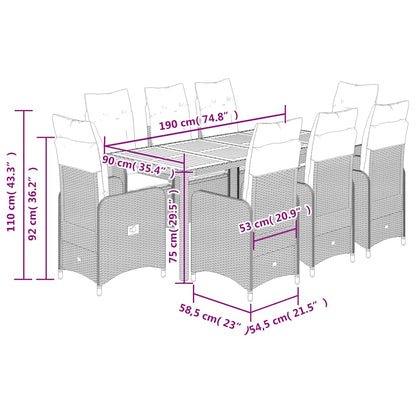 Set Bistrò da Giardino 9 pz con Cuscini in Polyrattan Grigio | homemem39