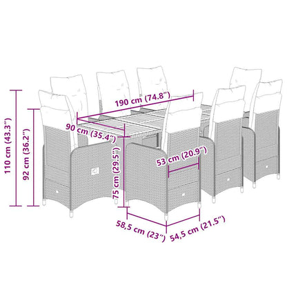 Set Bistrò da Giardino 9 pz con Cuscini in Polyrattan Grigio | homemem39