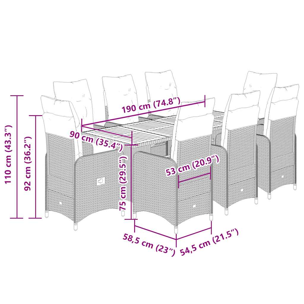 Set Bistrò da Giardino 9 pz con Cuscini in Polyrattan Grigio - homemem39