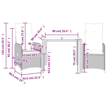 Set Bistrò da Giardino 3 pz con Cuscini in Polyrattan Grigio | homemem39