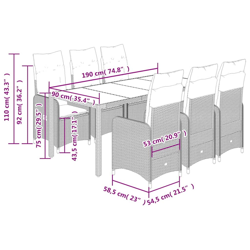 Set Bistrò da Giardino 7 pz con Cuscini in Polyrattan Grigio | homemem39