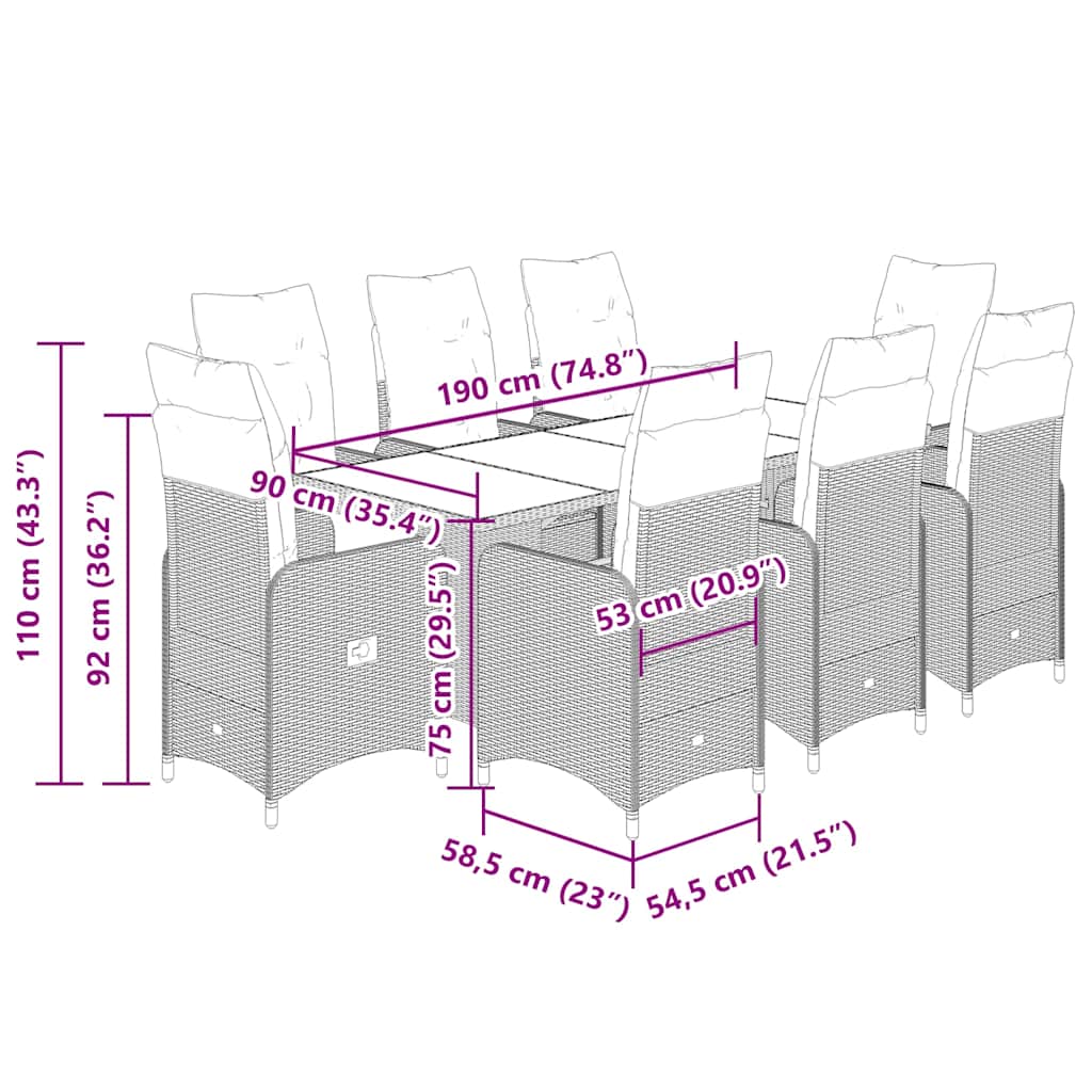 Set Bistrò da Giardino 9 pz con Cuscini in Polyrattan Grigio - homemem39