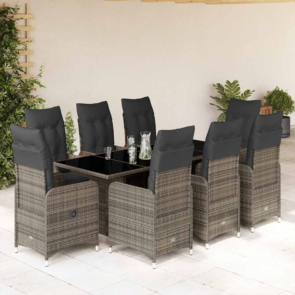 Set Bistrò da Giardino 9 pz con Cuscini in Polyrattan Grigio - homemem39