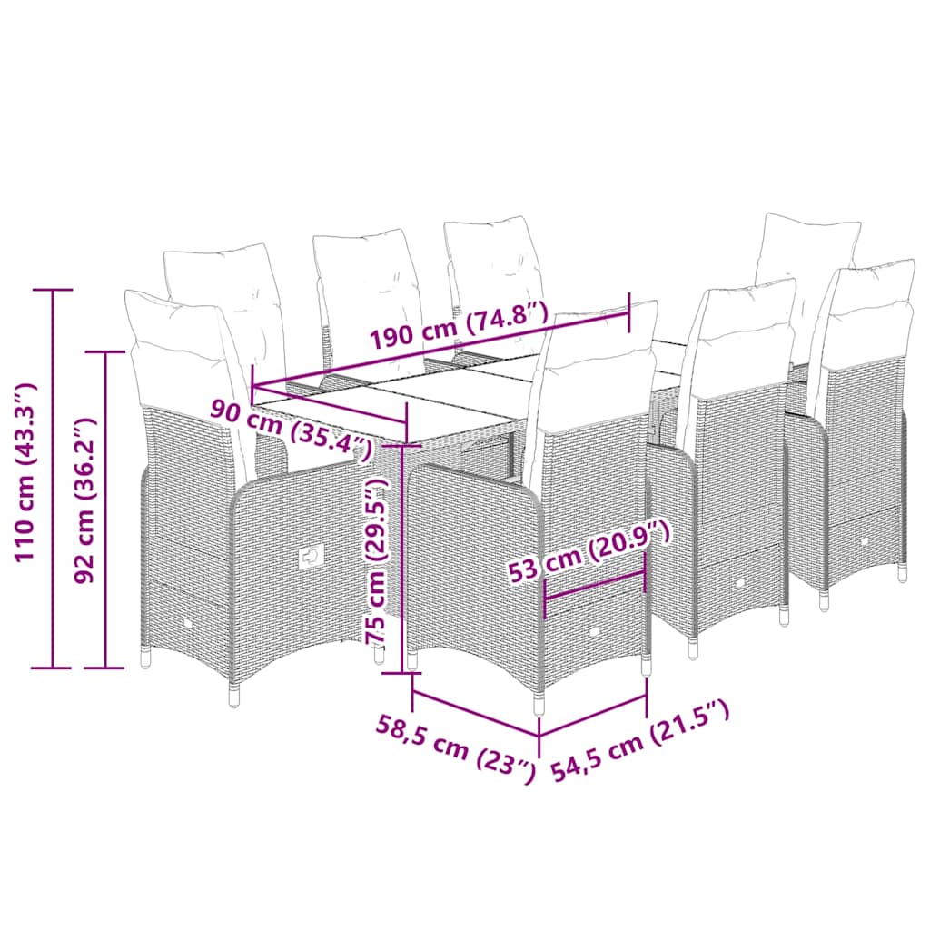 Set Bistrò da Giardino 9 pz con Cuscini in Polyrattan Grigio | homemem39