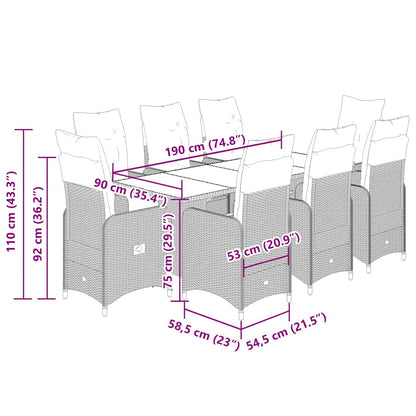 Set Bistrò da Giardino 9 pz con Cuscini in Polyrattan Grigio | homemem39