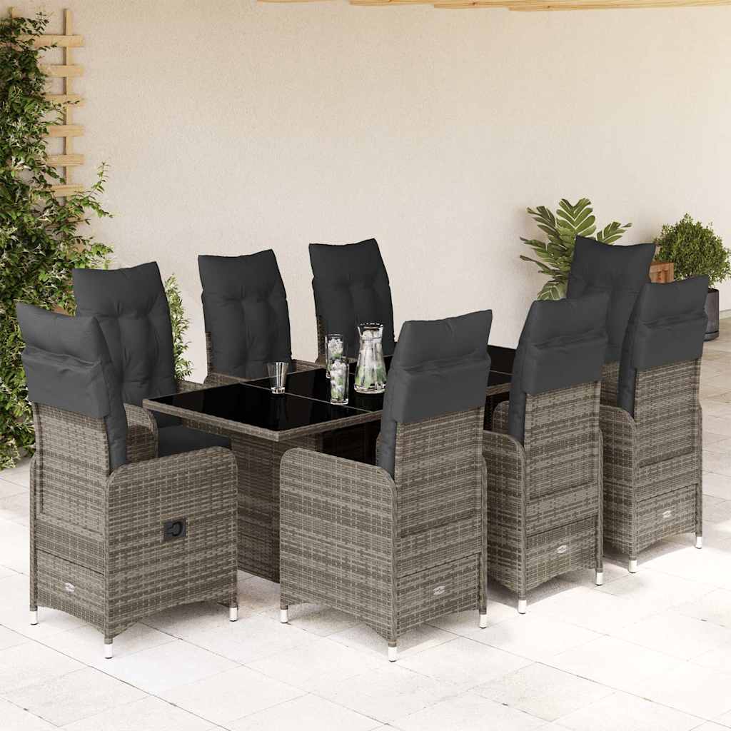 Set Bistrò da Giardino 9 pz con Cuscini in Polyrattan Grigio | homemem39