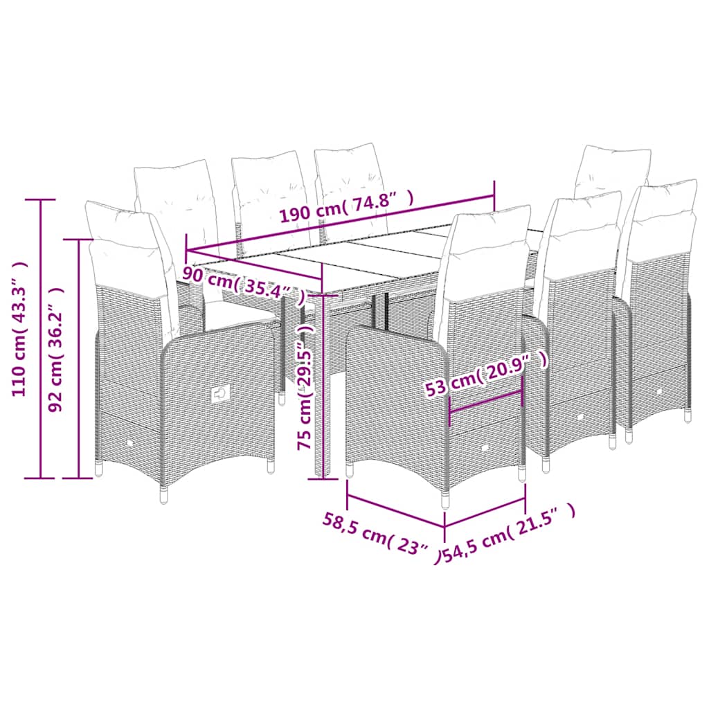Set Bistrò da Giardino 9 pz con Cuscini in Polyrattan Marrone | homemem39