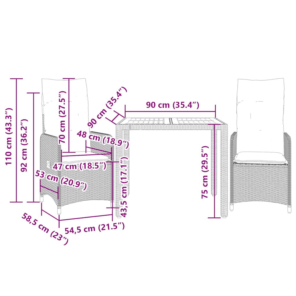 Set da Bistrò da Giardino 3 pz con Cuscini Beige in Polyrattan | homemem39