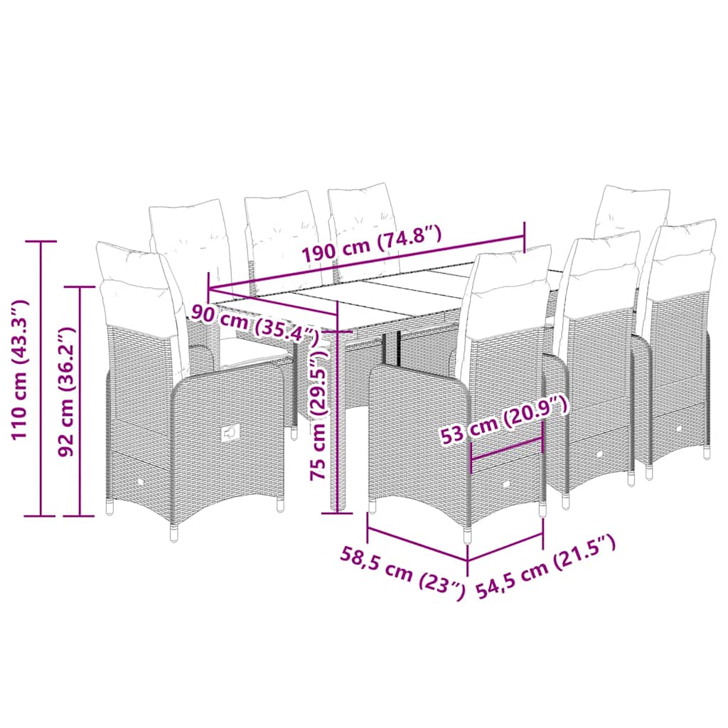 Set da Bistrò da Giardino 9 pz con Cuscini Beige in Polyrattan | homemem39