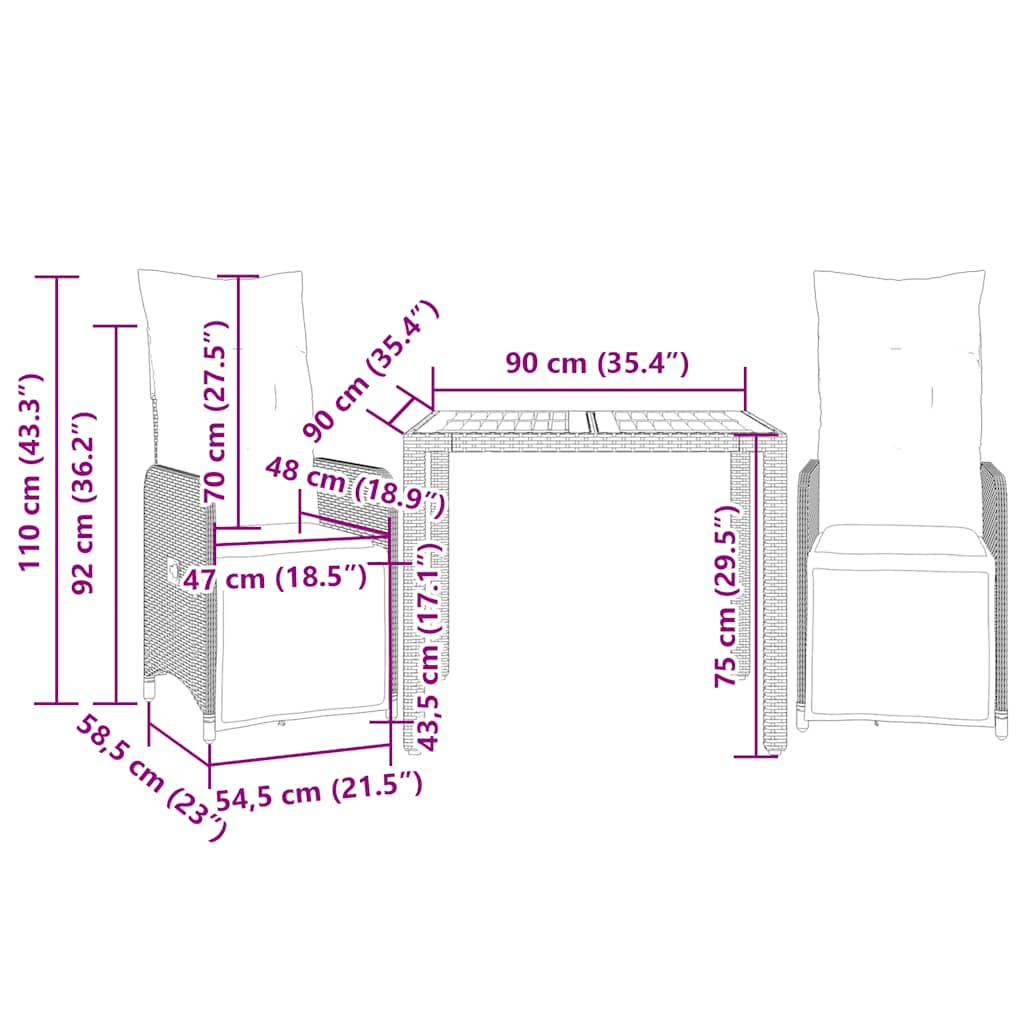Set Bistrò da Giardino 3 pz con Cuscini in Polyrattan Nero