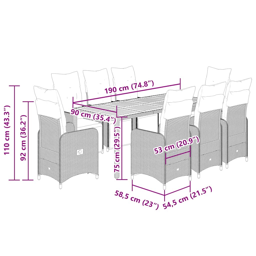 Set Bistrò da Giardino 9 pz con Cuscini in Polyrattan Nero | homemem39