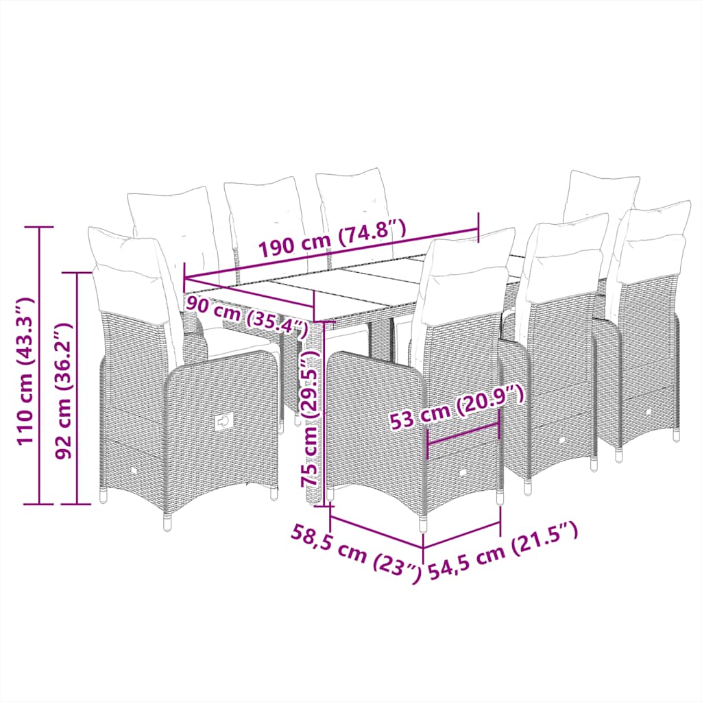 Set Bistrò da Giardino 9 pz con Cuscini in Polyrattan Nero | homemem39