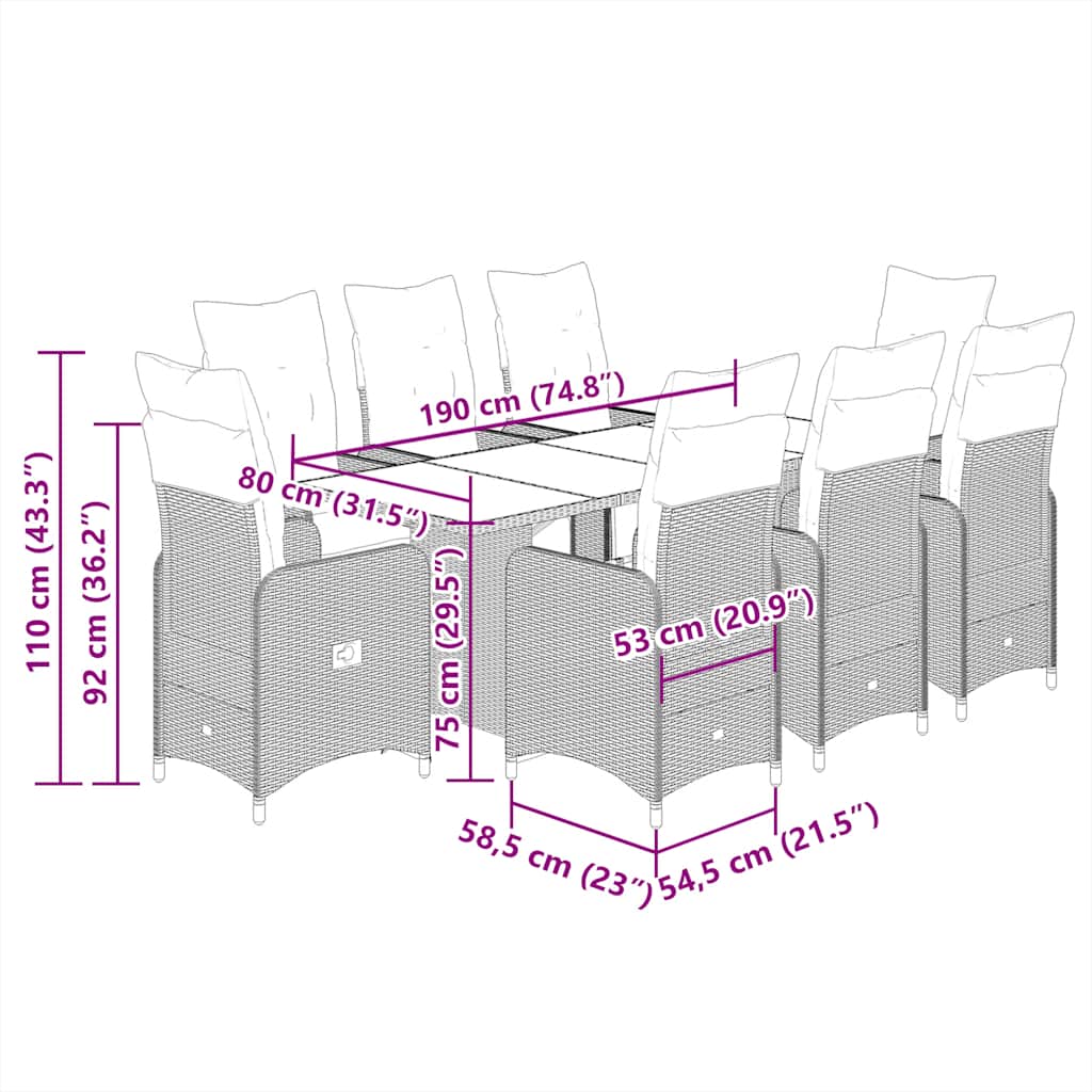 Set Bistrò da Giardino 9 pz con Cuscini in Polyrattan Nero | homemem39