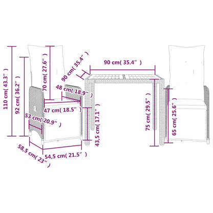 Set Bistrò da Giardino 3 pz con Cuscini in Polyrattan Grigio
