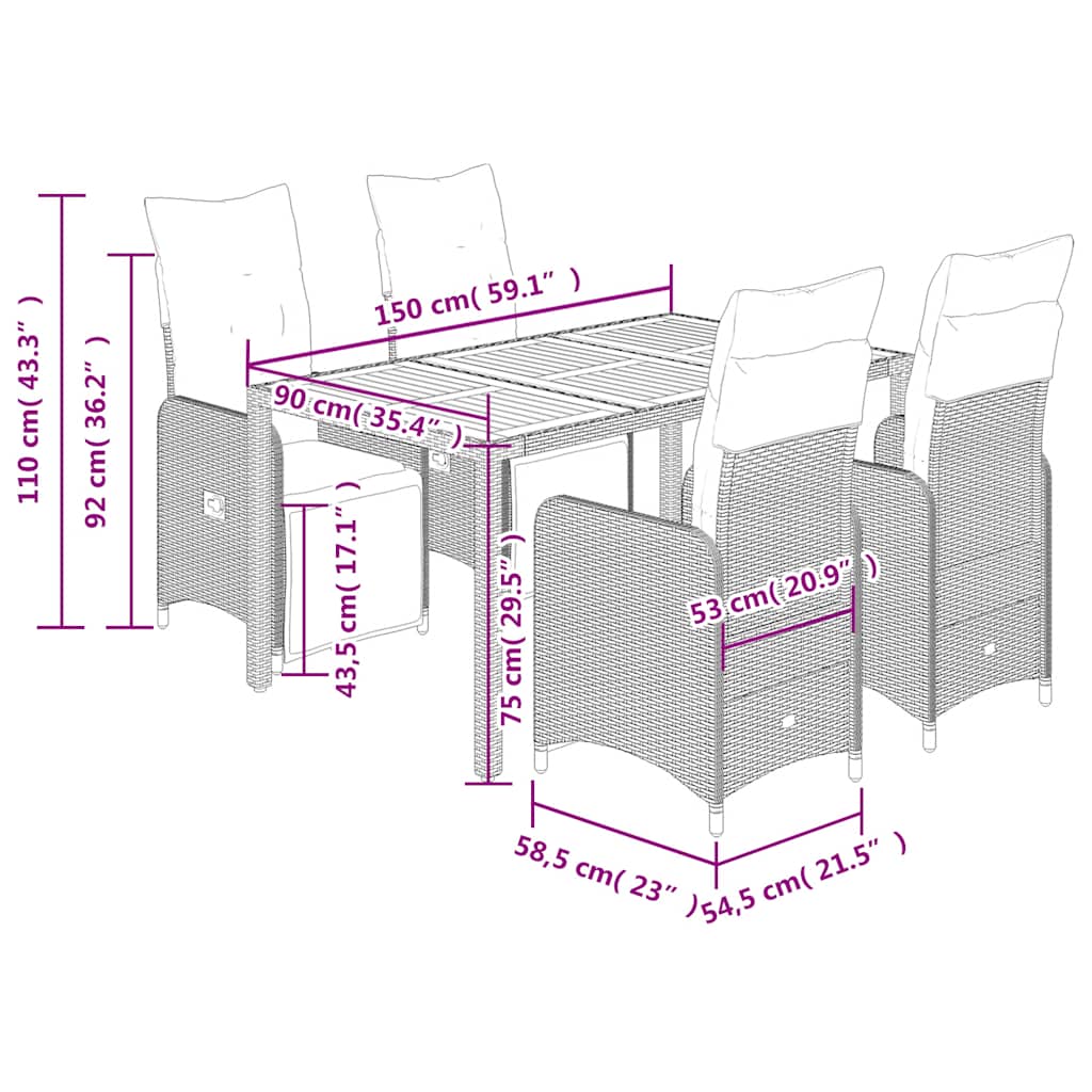 Set Bistrò da Giardino 5 pz con Cuscini in Polyrattan Grigio | homemem39