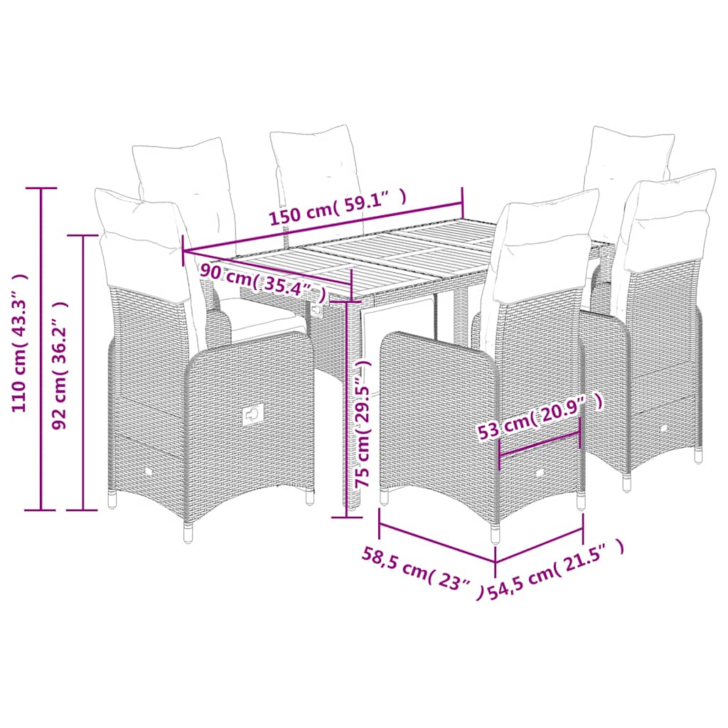 Set Bistrò da Giardino 7 pz con Cuscini in Polyrattan Grigio | homemem39