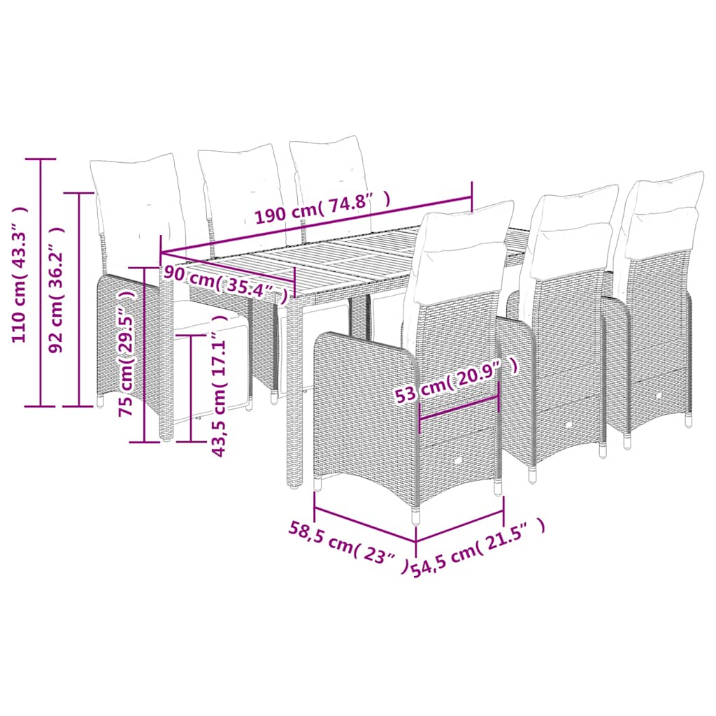 Set Bistrò da Giardino 7 pz con Cuscini in Polyrattan Grigio