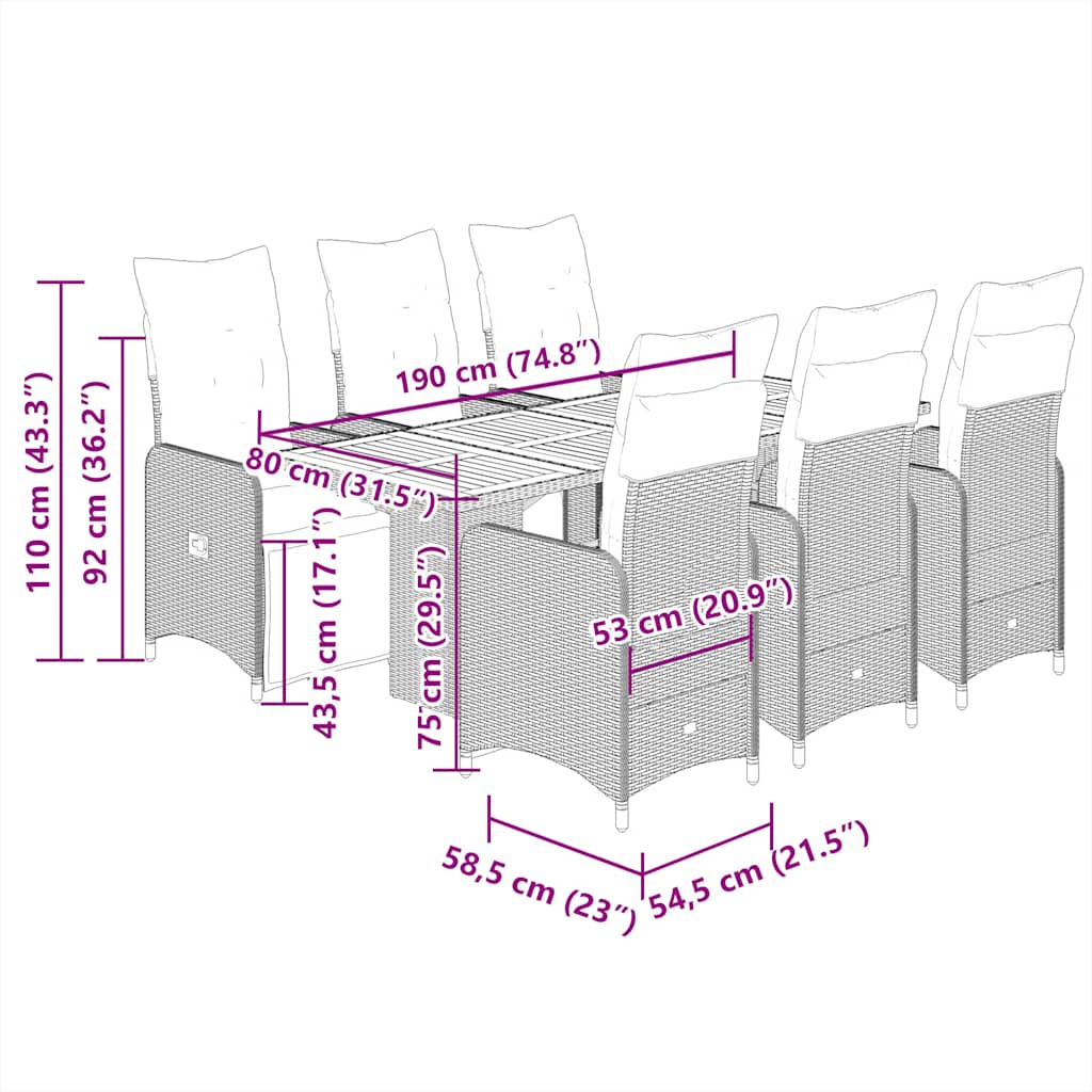 Set Bistrò da Giardino 7 pz con Cuscini in Polyrattan Grigio
