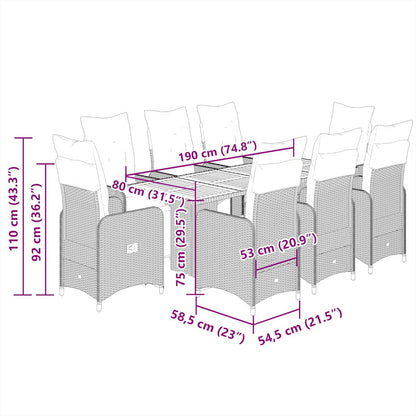 Set Bistrò da Giardino 9 pz con Cuscini in Polyrattan Grigio