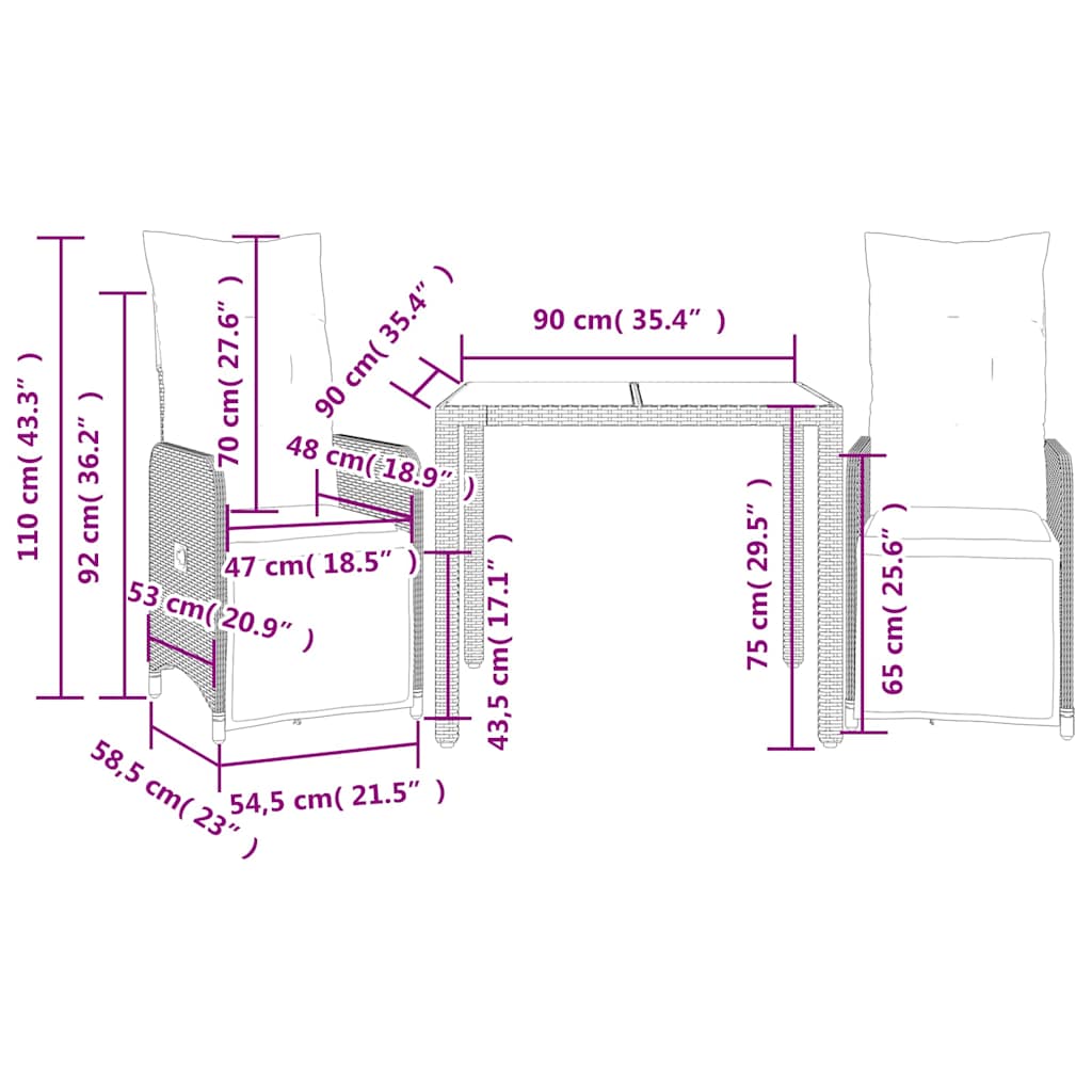 Set Bistrò da Giardino 3 pz con Cuscini in Polyrattan Grigio