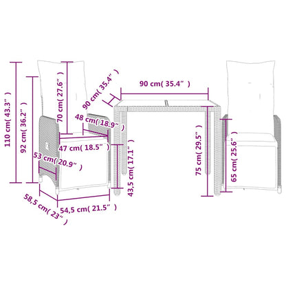 Set Bistrò da Giardino 3 pz con Cuscini in Polyrattan Grigio