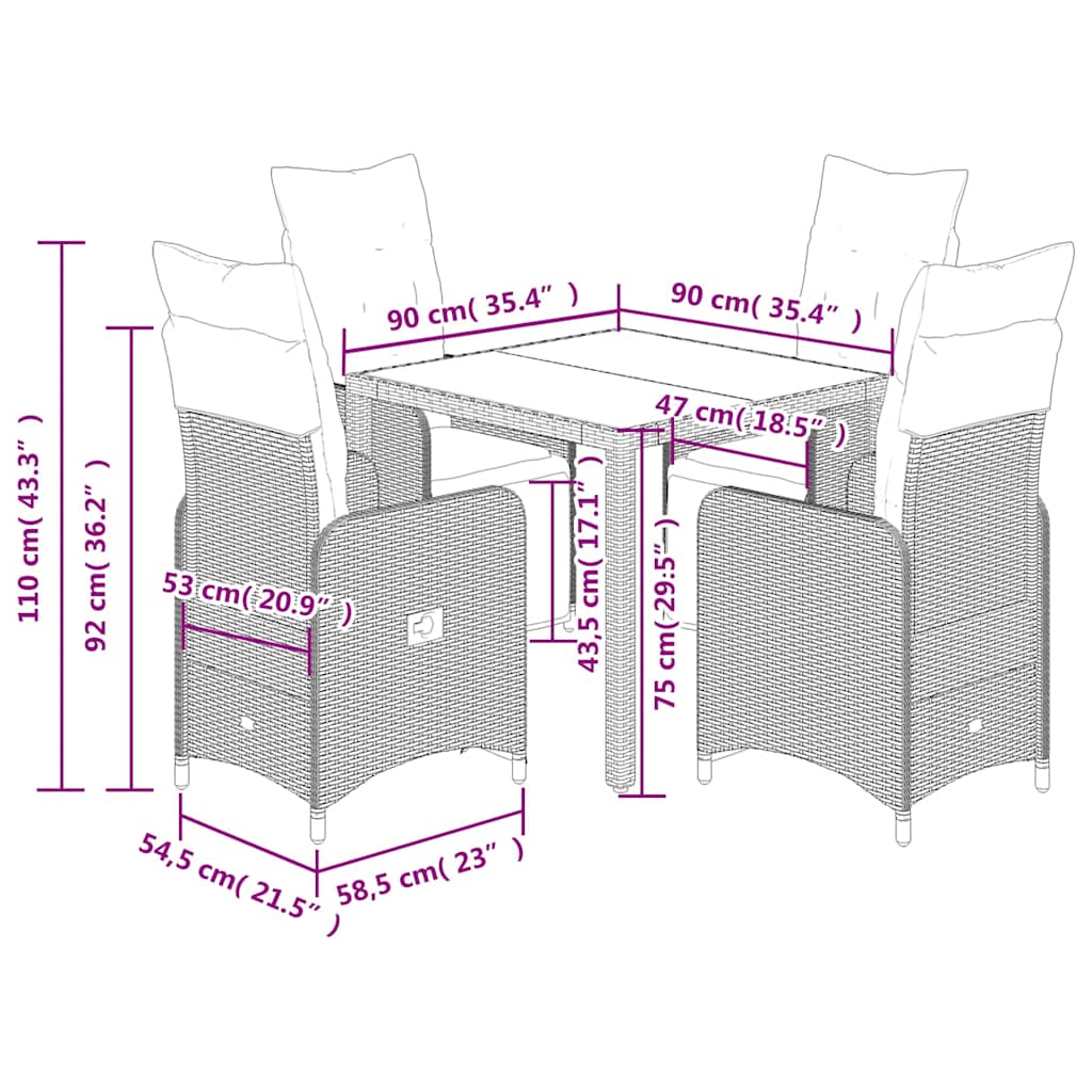 Set Bistrò da Giardino 5 pz con Cuscini in Polyrattan Grigio