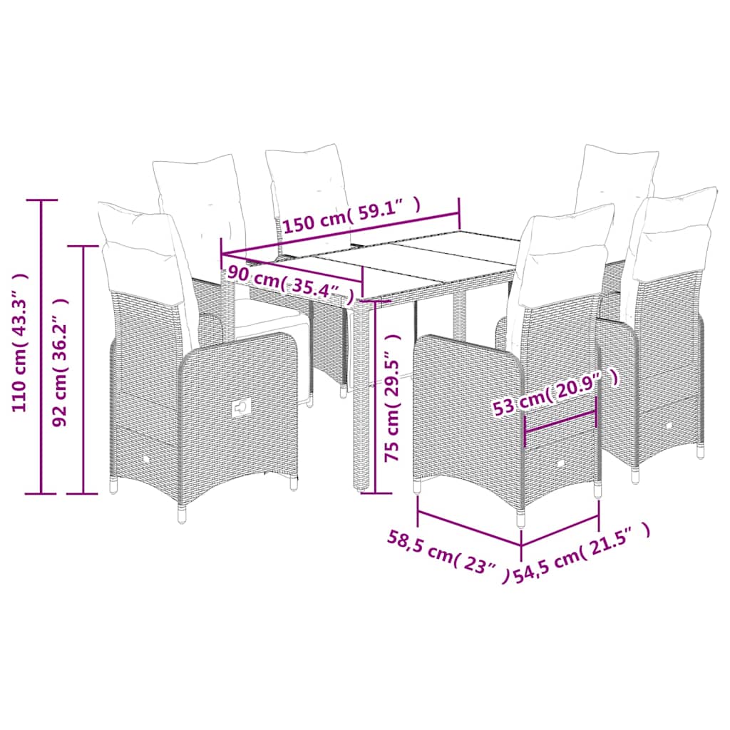 Set Bistrò da Giardino 7 pz con Cuscini in Polyrattan Grigio