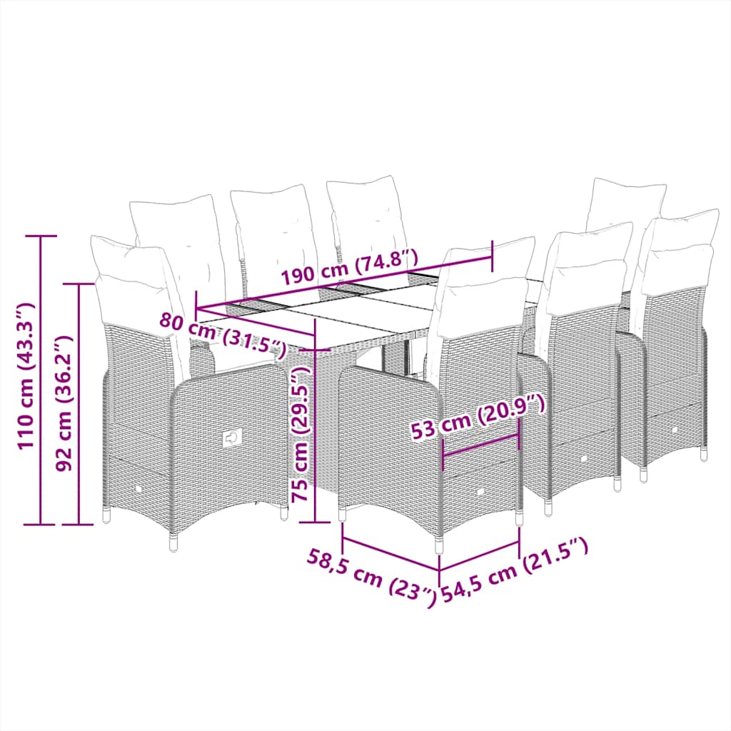 Set Bistrò da Giardino 9 pz con Cuscini in Polyrattan Grigio