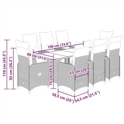 Set Bistrò da Giardino 9 pz con Cuscini in Polyrattan Grigio