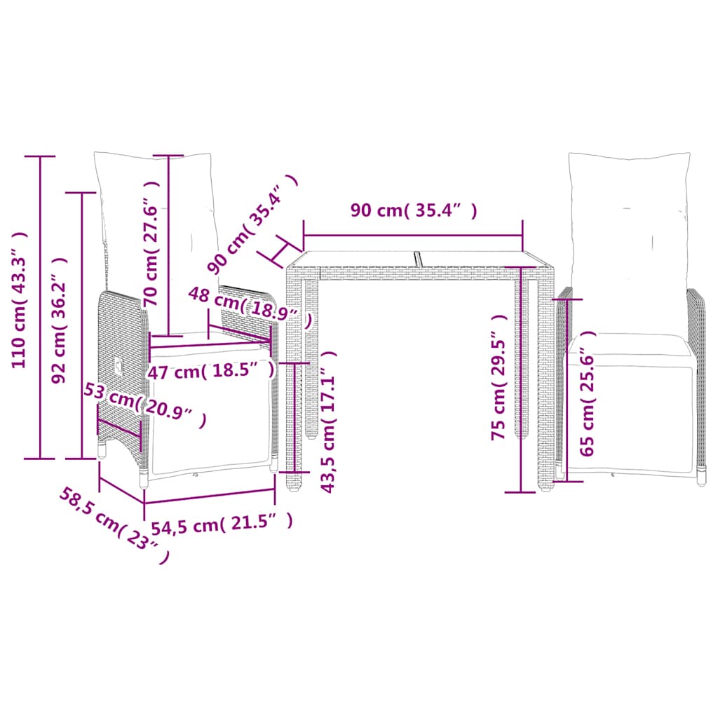 Set Bistrò da Giardino 3 pz con Cuscini in Polyrattan Marrone | homemem39